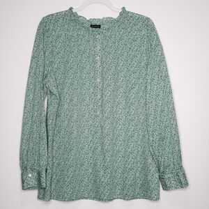 Talbots Womens Blouse Size Large Turquoise Teal Ruffle Neck Long Sleeve‎ Pintuck